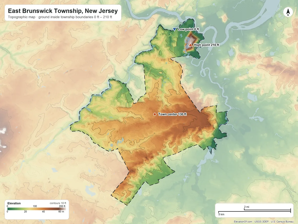 Topographic elevation map of East Brunswick Township, New Jersey, shaded from 0 ft on the north side to 210 ft on the northeast side