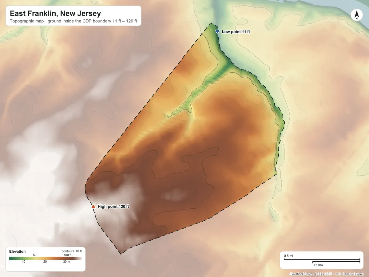Topographic elevation map of East Franklin, New Jersey, shaded from 11 ft on the north side to 120 ft on the southwest side