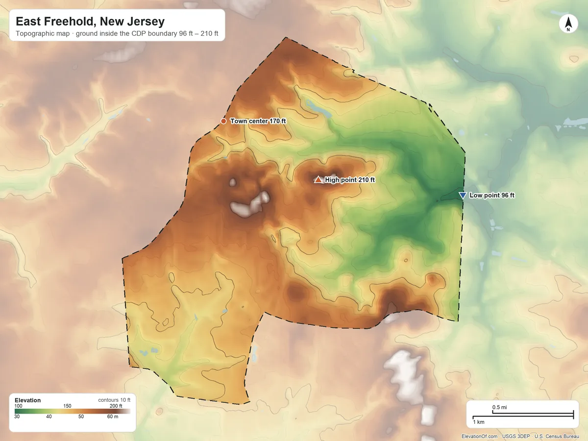 Topographic elevation map of East Freehold, New Jersey, shaded from 96 ft on the east side to 210 ft on the southeast side