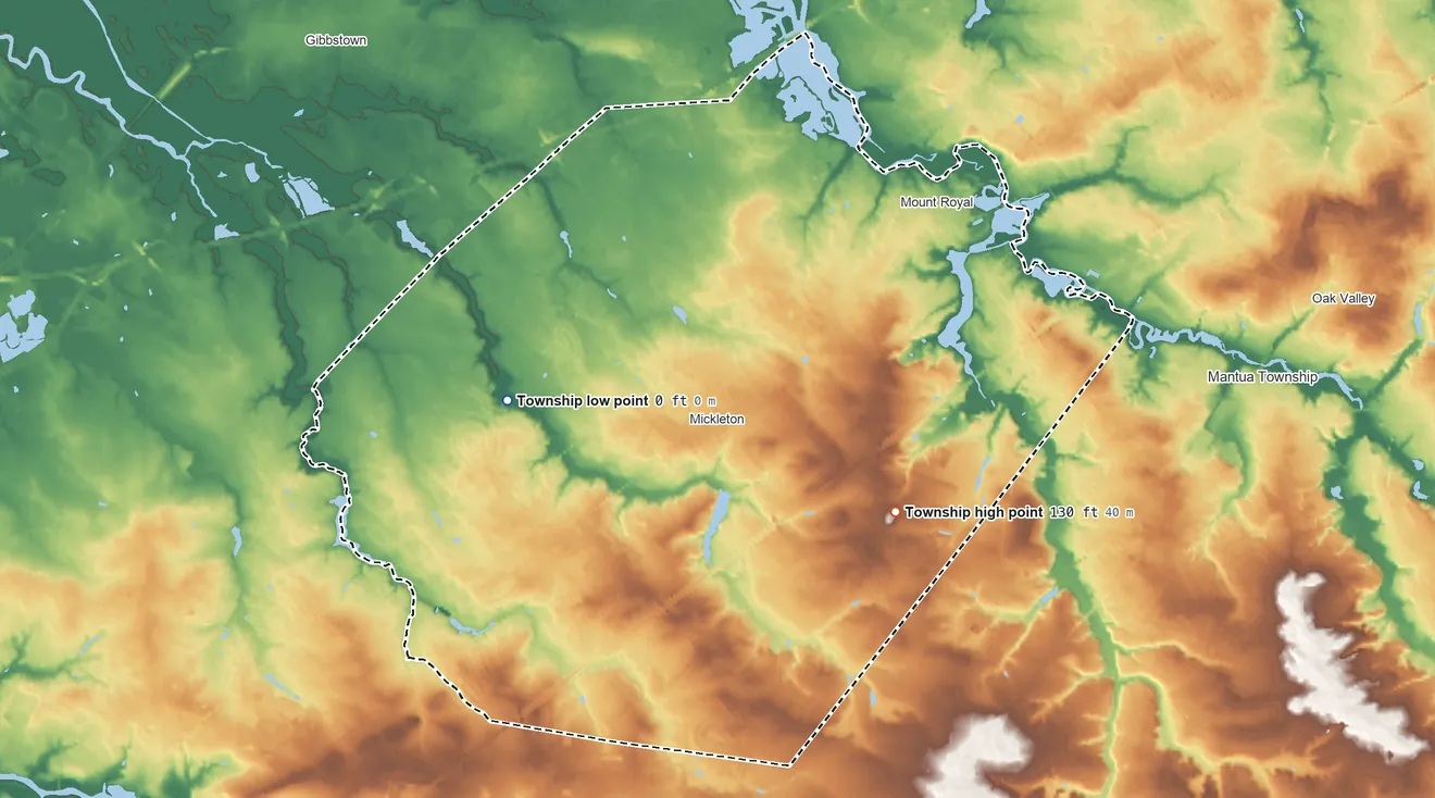 Topographic elevation map of East Greenwich Township, New Jersey, shaded from 0 ft on the west side to 130 ft on the southeast side