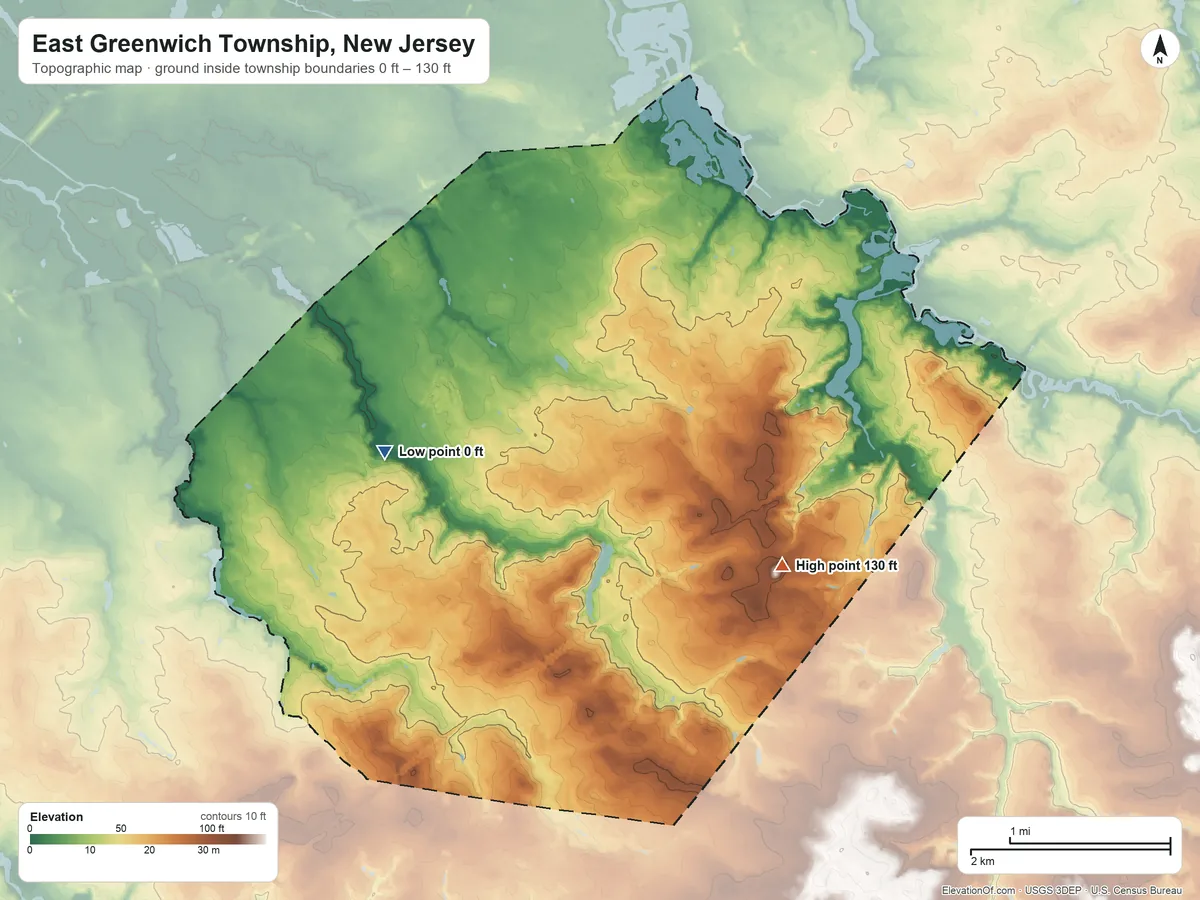 Topographic elevation map of East Greenwich Township, New Jersey, shaded from 0 ft on the west side to 130 ft on the southeast side