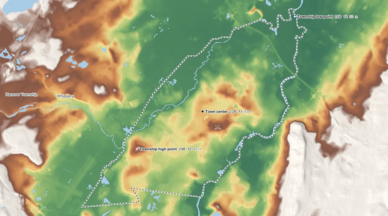 Topographic elevation map of East Hanover Township, New Jersey, shaded from 160 ft on the northeast side to 290 ft on the southwest side