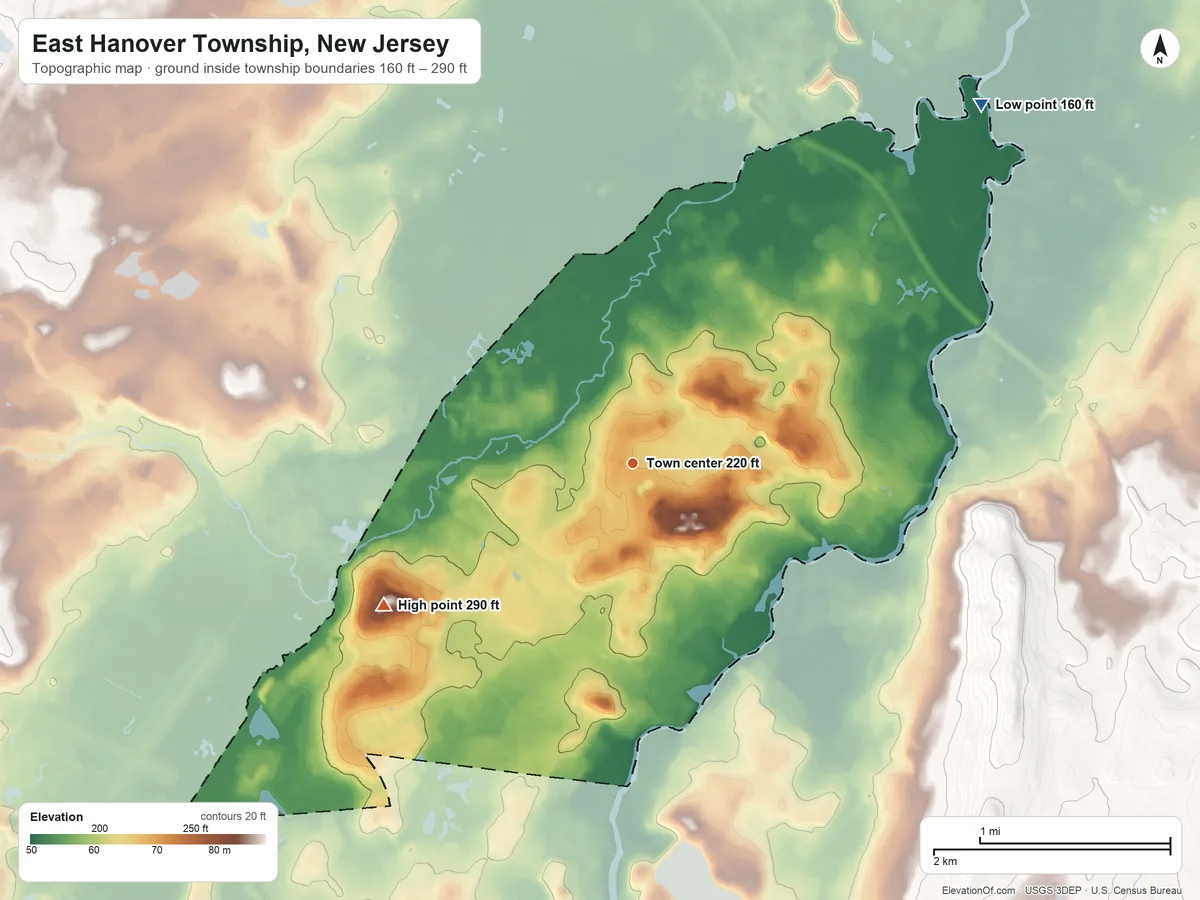 Topographic elevation map of East Hanover Township, New Jersey, shaded from 160 ft on the northeast side to 290 ft on the southwest side