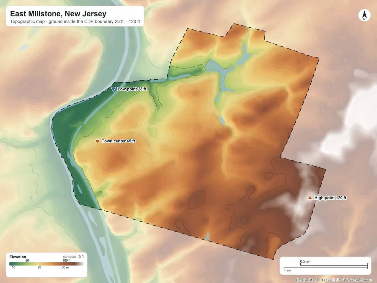 Topographic elevation map of East Millstone, New Jersey, shaded from 28 ft on the north side to 120 ft on the east side