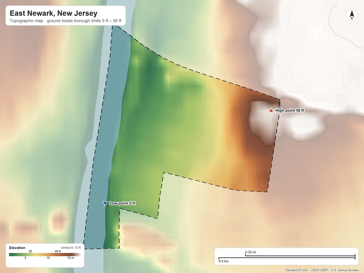 Topographic elevation map of East Newark, New Jersey, shaded from 5 ft on the west side to 56 ft on the northeast side