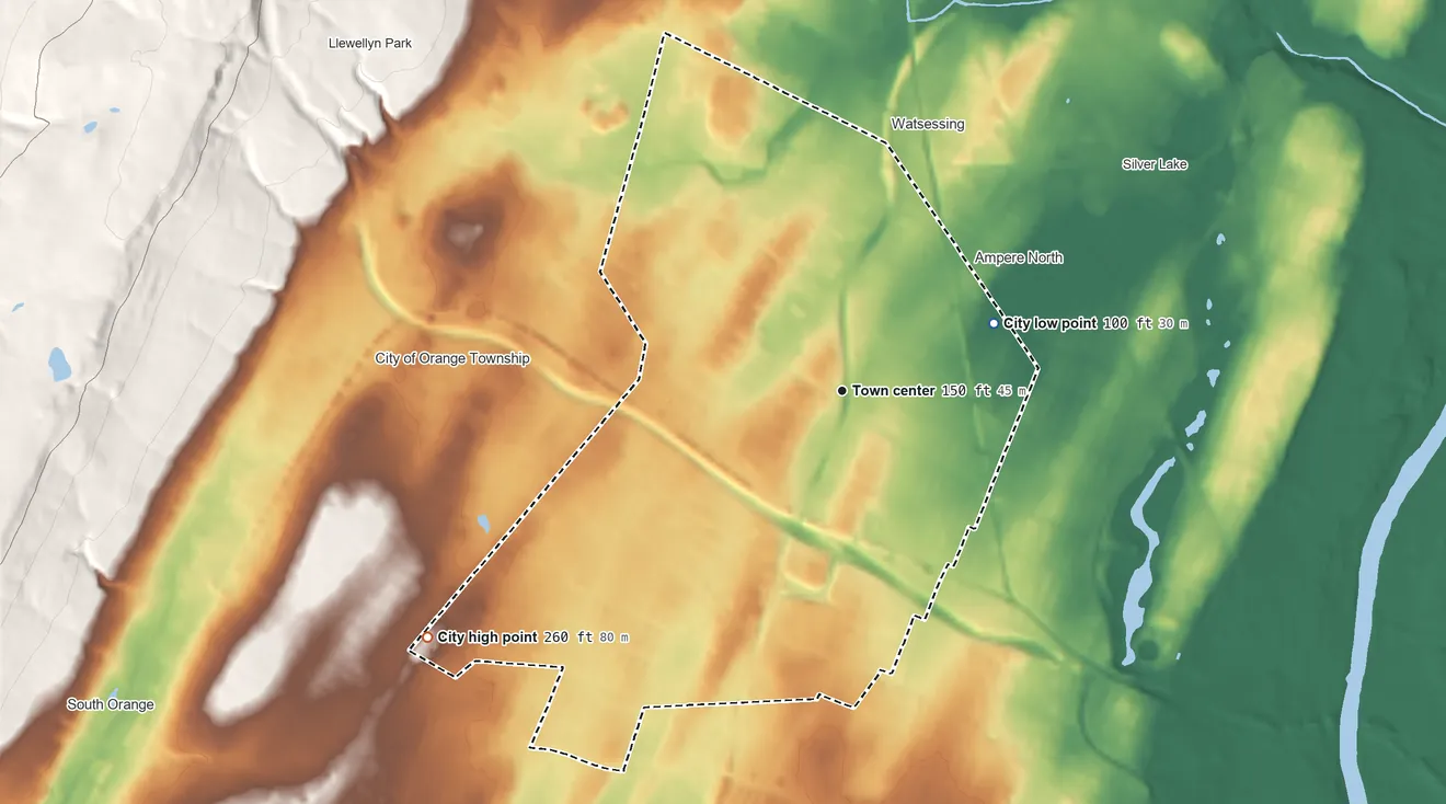 Topographic elevation map of East Orange, New Jersey, shaded from 100 ft on the northeast side to 260 ft at the foot of the Watchung Mountains