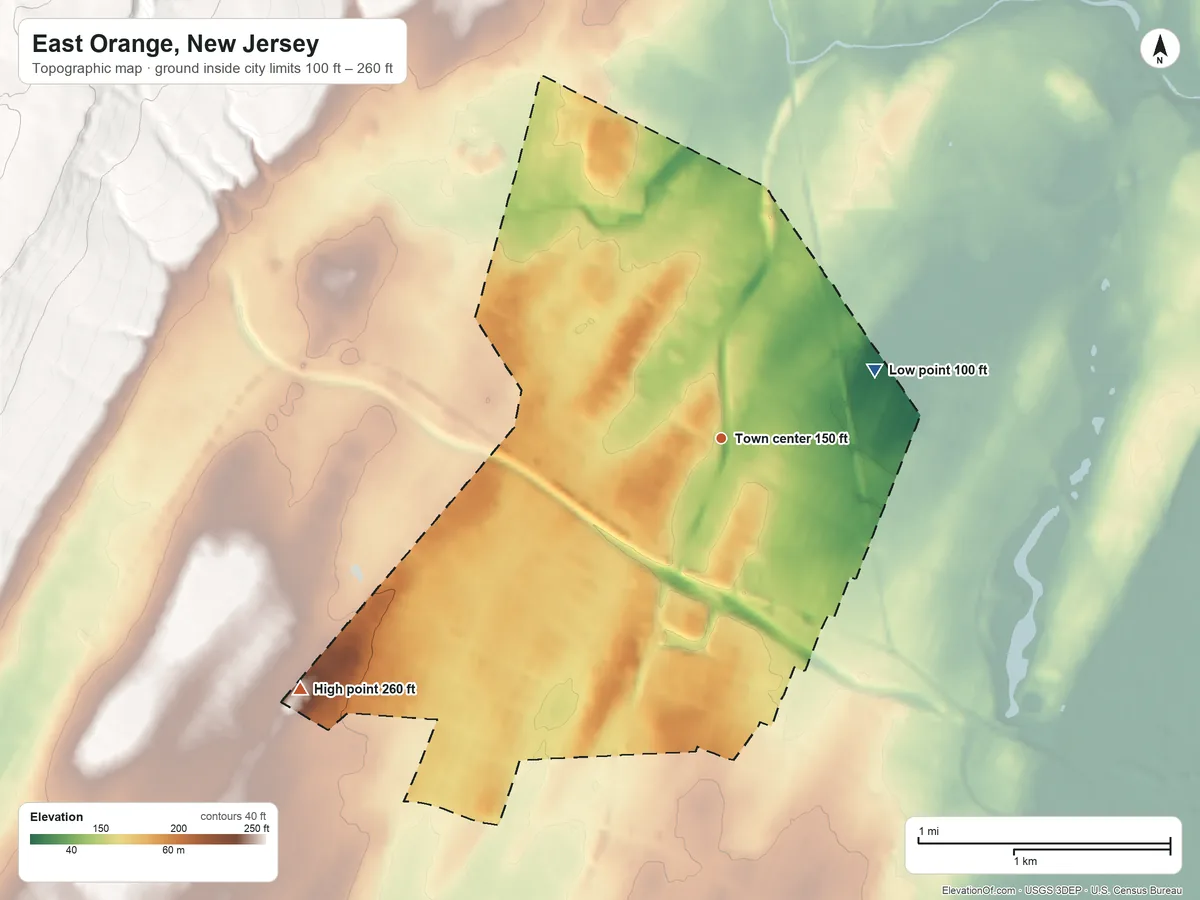 Topographic elevation map of East Orange, New Jersey, shaded from 100 ft on the northeast side to 260 ft at the foot of the Watchung Mountains