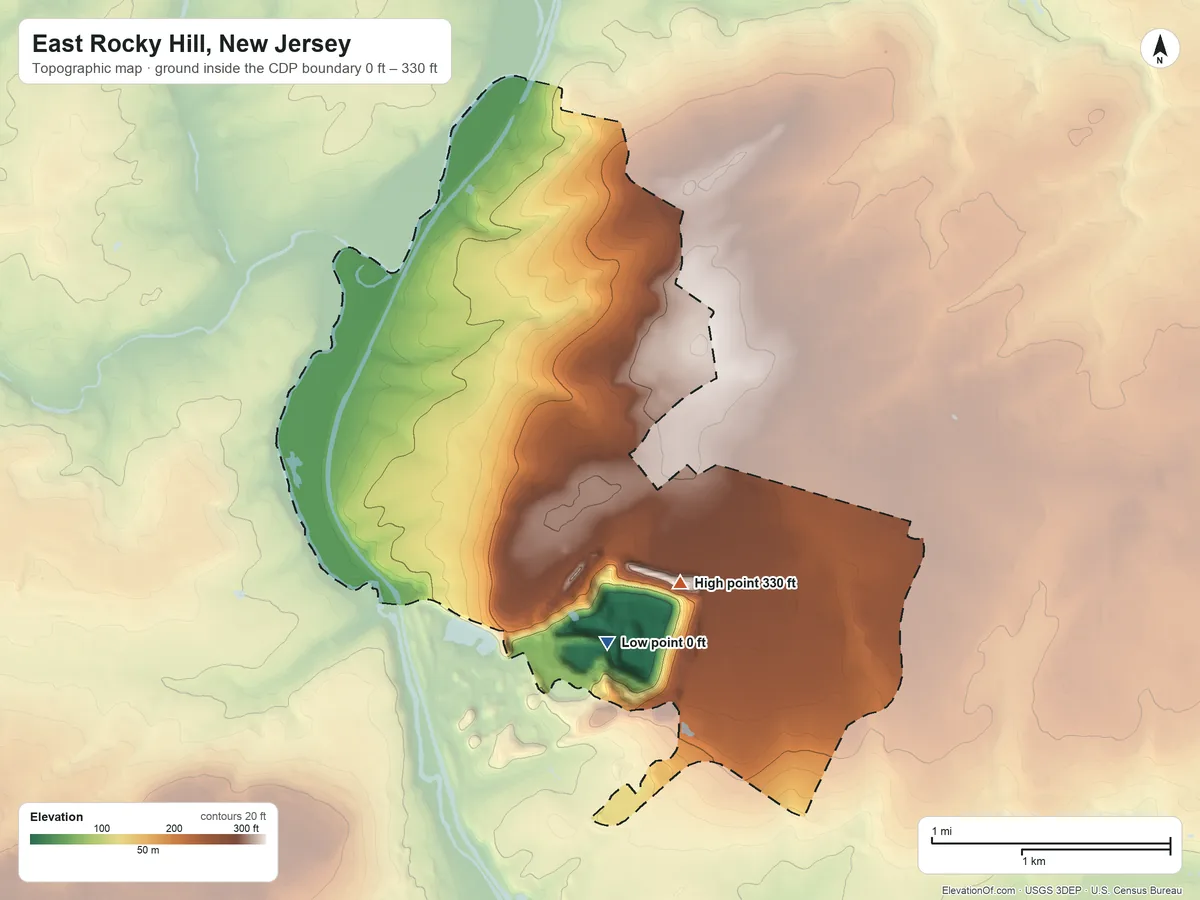 Topographic elevation map of East Rocky Hill, New Jersey, shaded from 0 ft on the southeast side to 330 ft on the east side