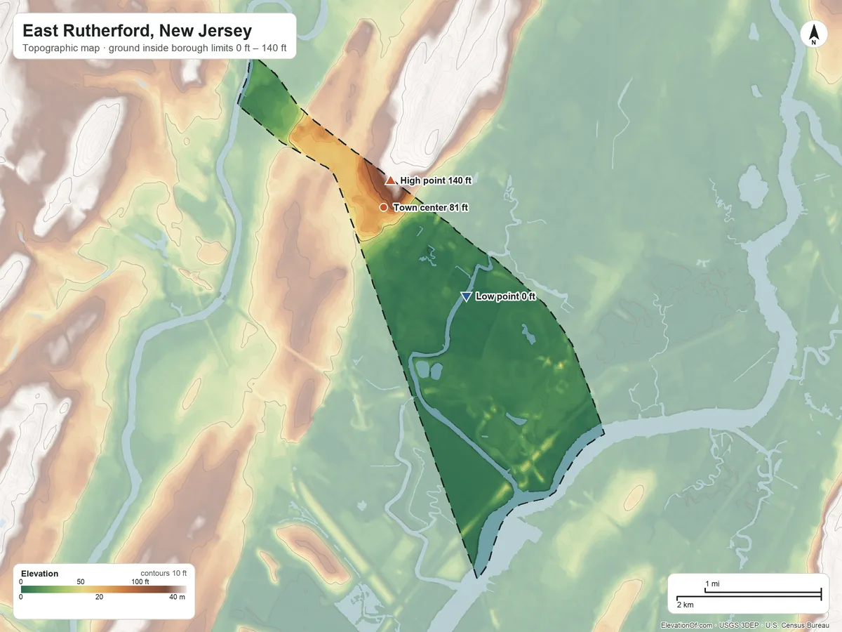 Topographic elevation map of East Rutherford, New Jersey, shaded from 0 ft on the southeast side to 140 ft near the middle