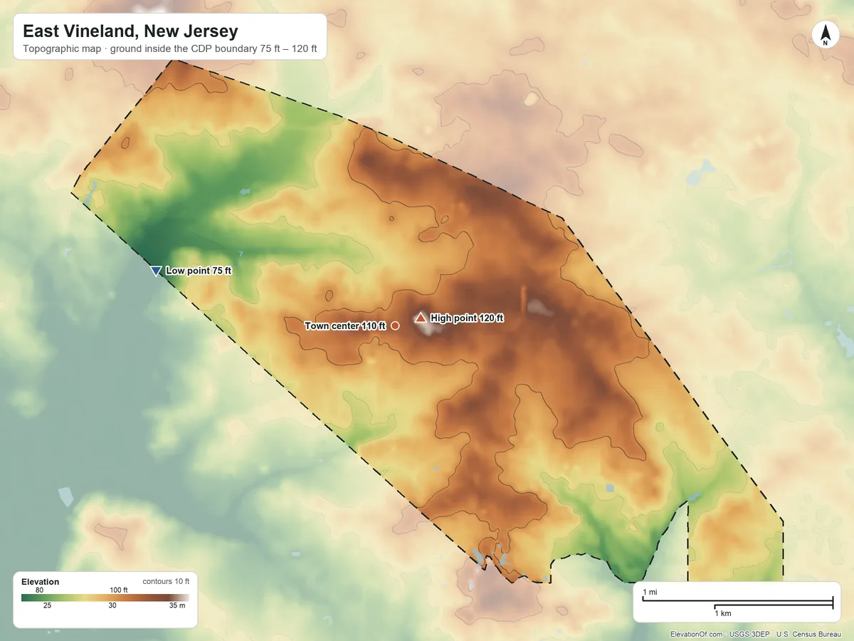 Topographic elevation map of East Vineland, New Jersey, shaded from 75 ft on the west side to 120 ft near the middle