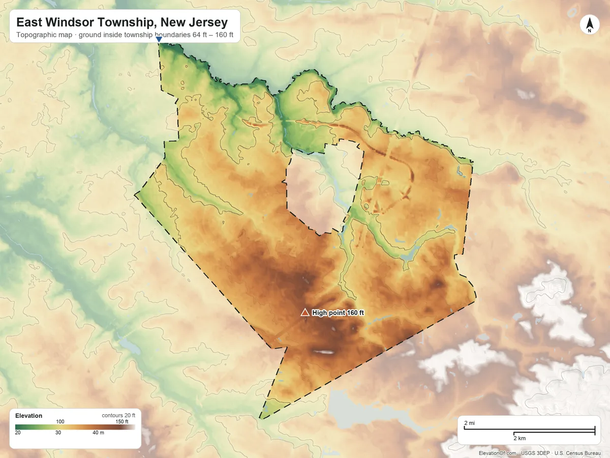 Topographic elevation map of East Windsor Township, New Jersey, shaded from 64 ft on the northwest side to 160 ft on the south side
