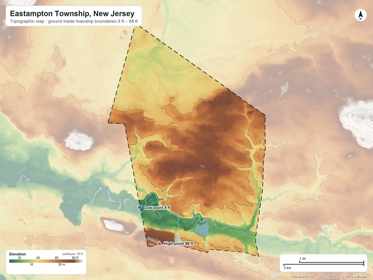 Topographic elevation map of Eastampton Township, New Jersey, shaded from 9 ft on the southwest side to 88 ft on the south side