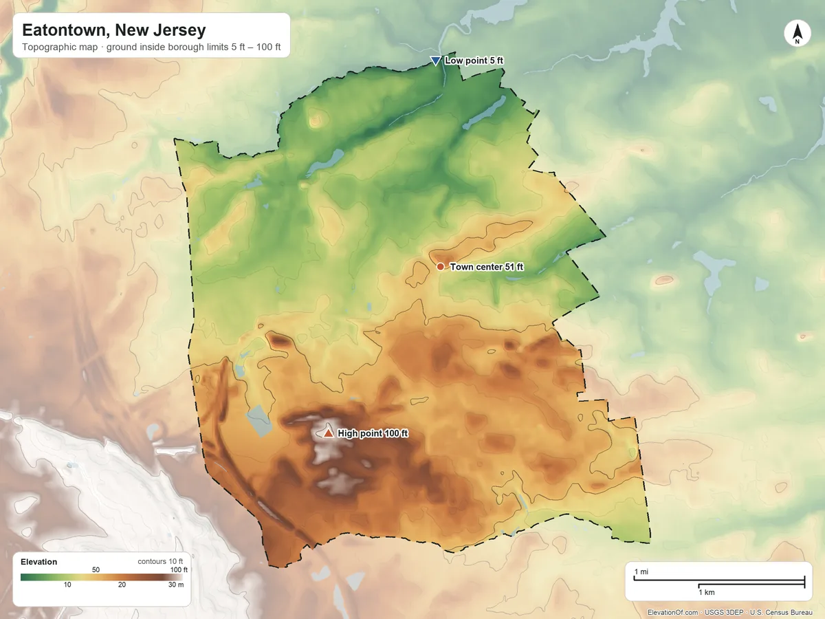 Topographic elevation map of Eatontown, New Jersey, shaded from 5 ft on the north side to 100 ft on the southwest side