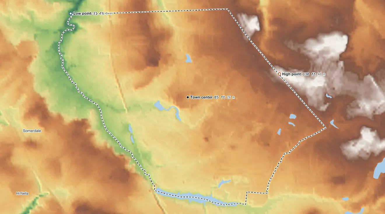Topographic elevation map of Echelon, New Jersey, shaded from 31 ft on the northwest side to 130 ft on the east side