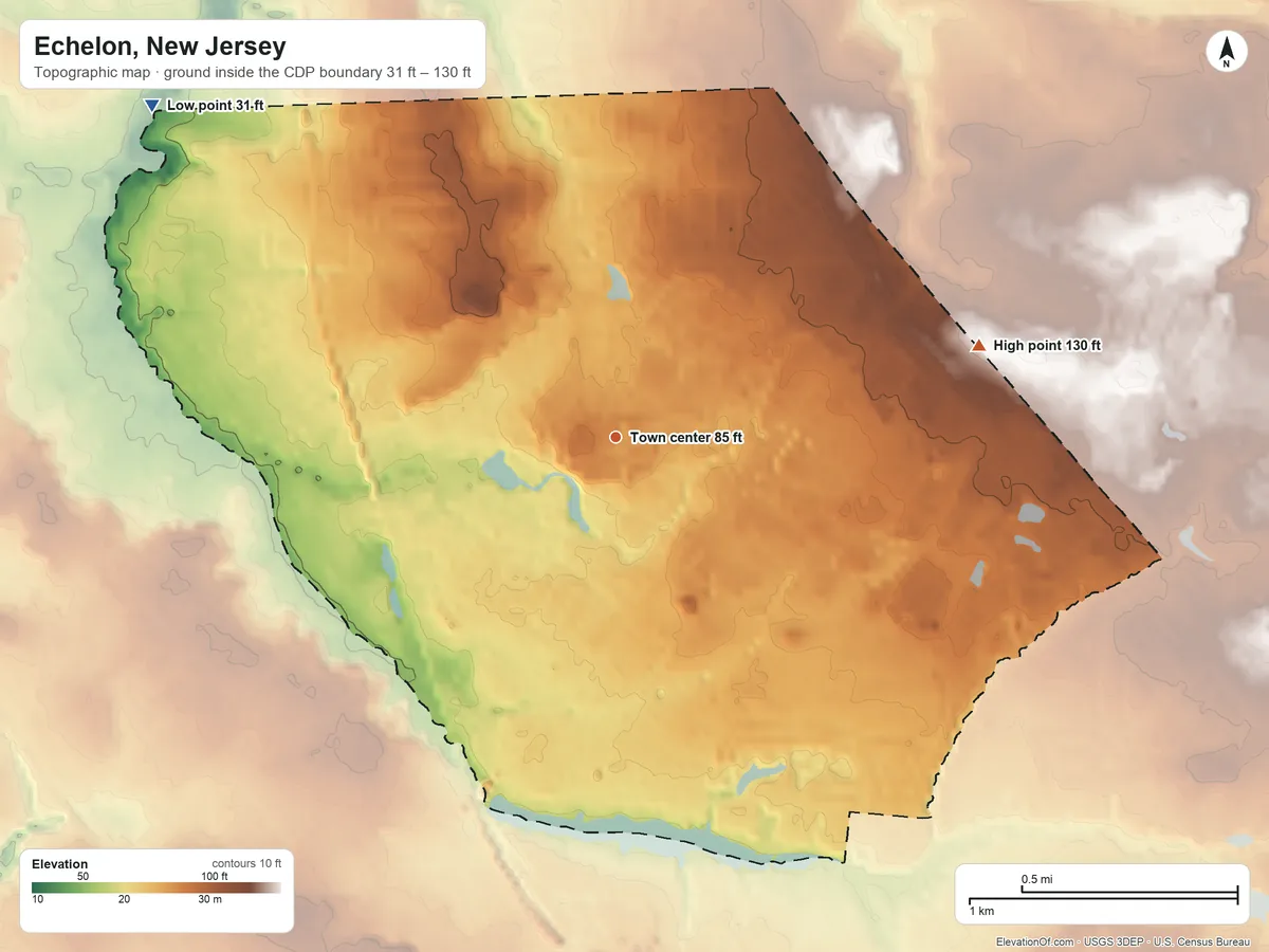 Topographic elevation map of Echelon, New Jersey, shaded from 31 ft on the northwest side to 130 ft on the east side