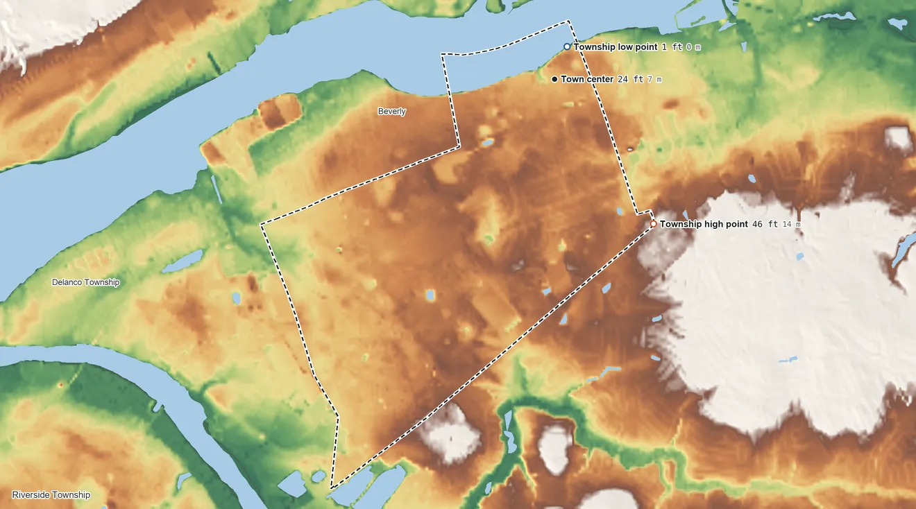 Topographic elevation map of Edgewater Park Township, New Jersey, shaded from 1 ft near the middle to 46 ft on the southeast side