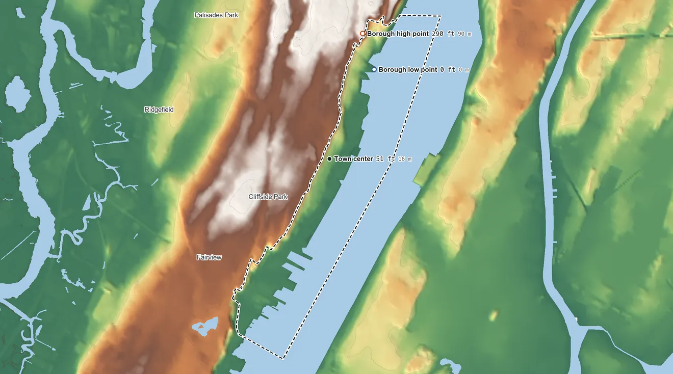 Topographic elevation map of Edgewater, New Jersey, shaded from 0 ft on the northeast side to 290 ft on the north side