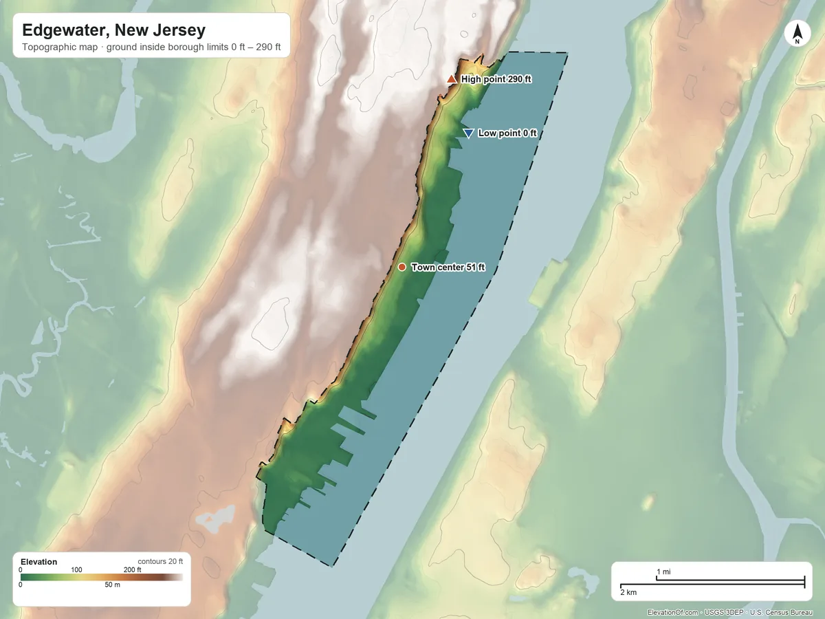 Topographic elevation map of Edgewater, New Jersey, shaded from 0 ft on the northeast side to 290 ft on the north side