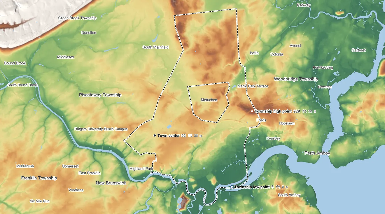 Topographic elevation map of Edison Township, New Jersey, shaded from 0 ft on the southeast side to 220 ft on the east side