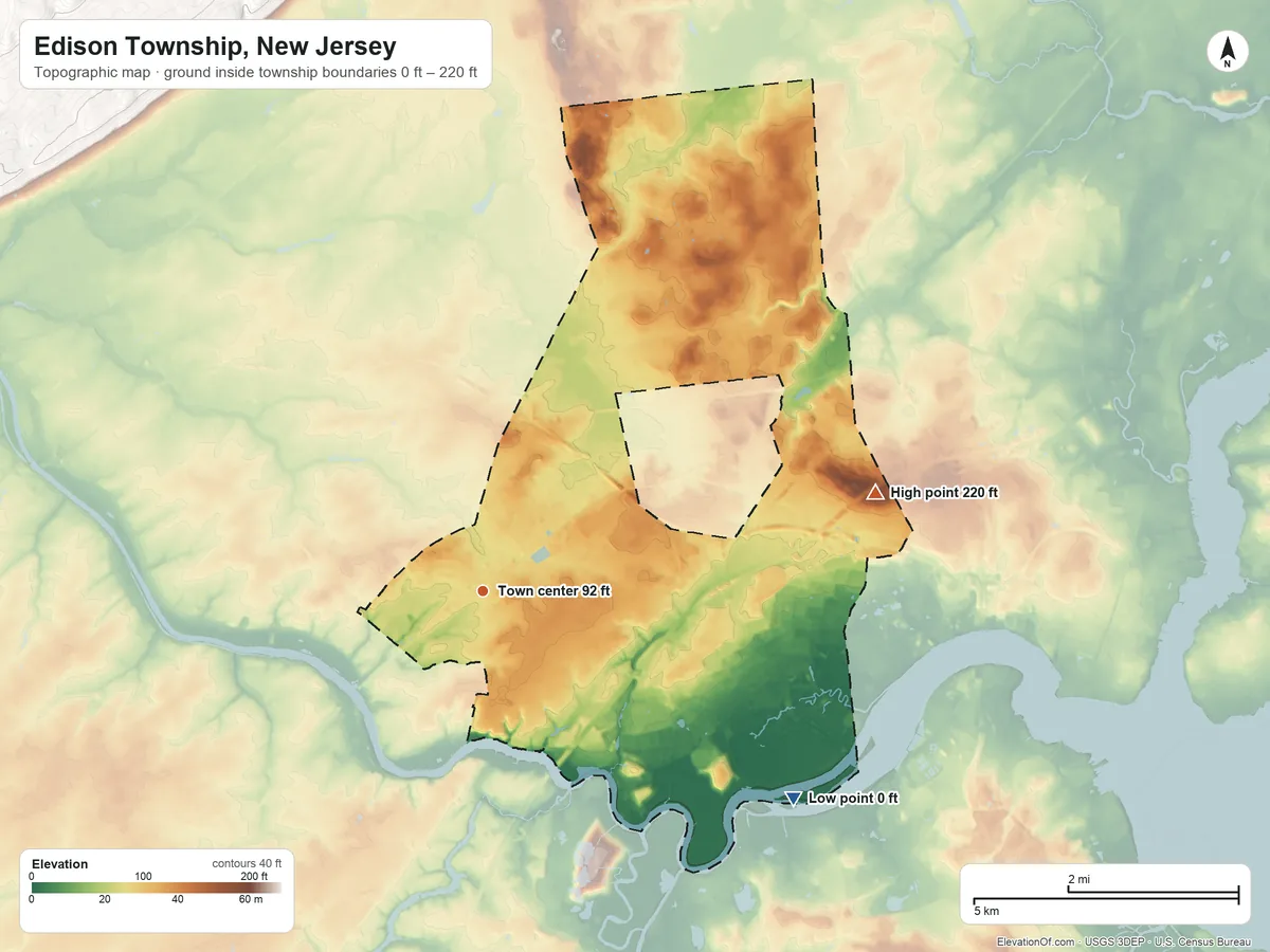 Topographic elevation map of Edison Township, New Jersey, shaded from 0 ft on the southeast side to 220 ft on the east side