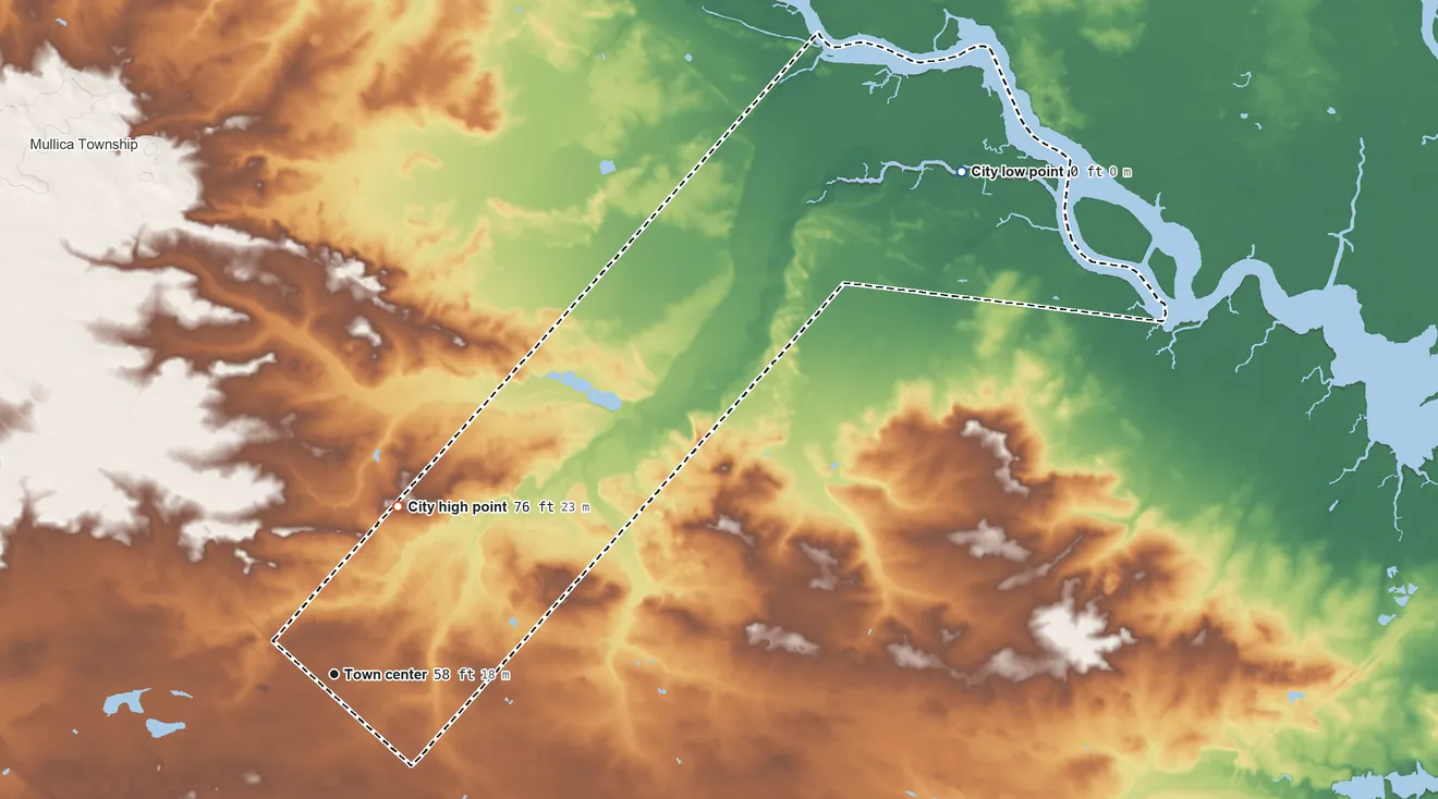 Topographic elevation map of Egg Harbor City, New Jersey, shaded from 0 ft on the northeast side to 76 ft on the north side