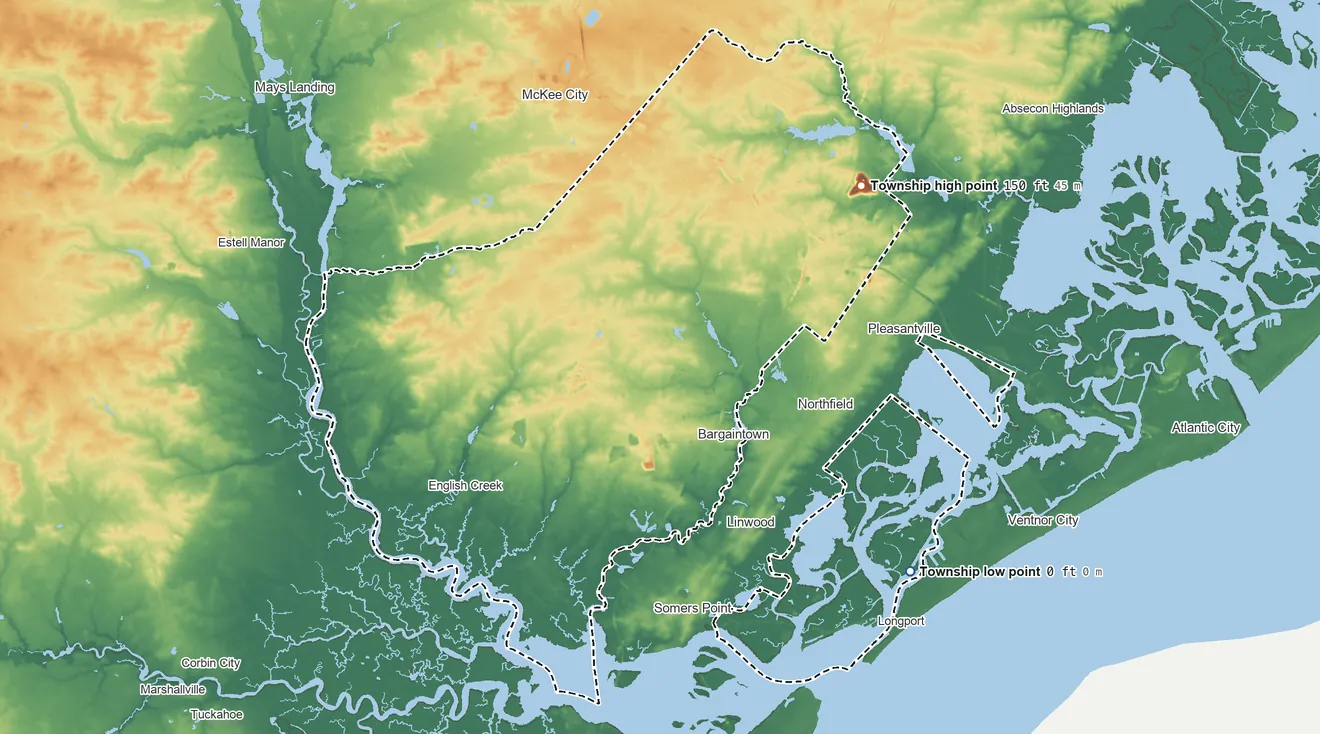 Topographic elevation map of Egg Harbor Township, New Jersey, shaded from sea level level on the Atlantic Ocean to 150 ft on the northeast side