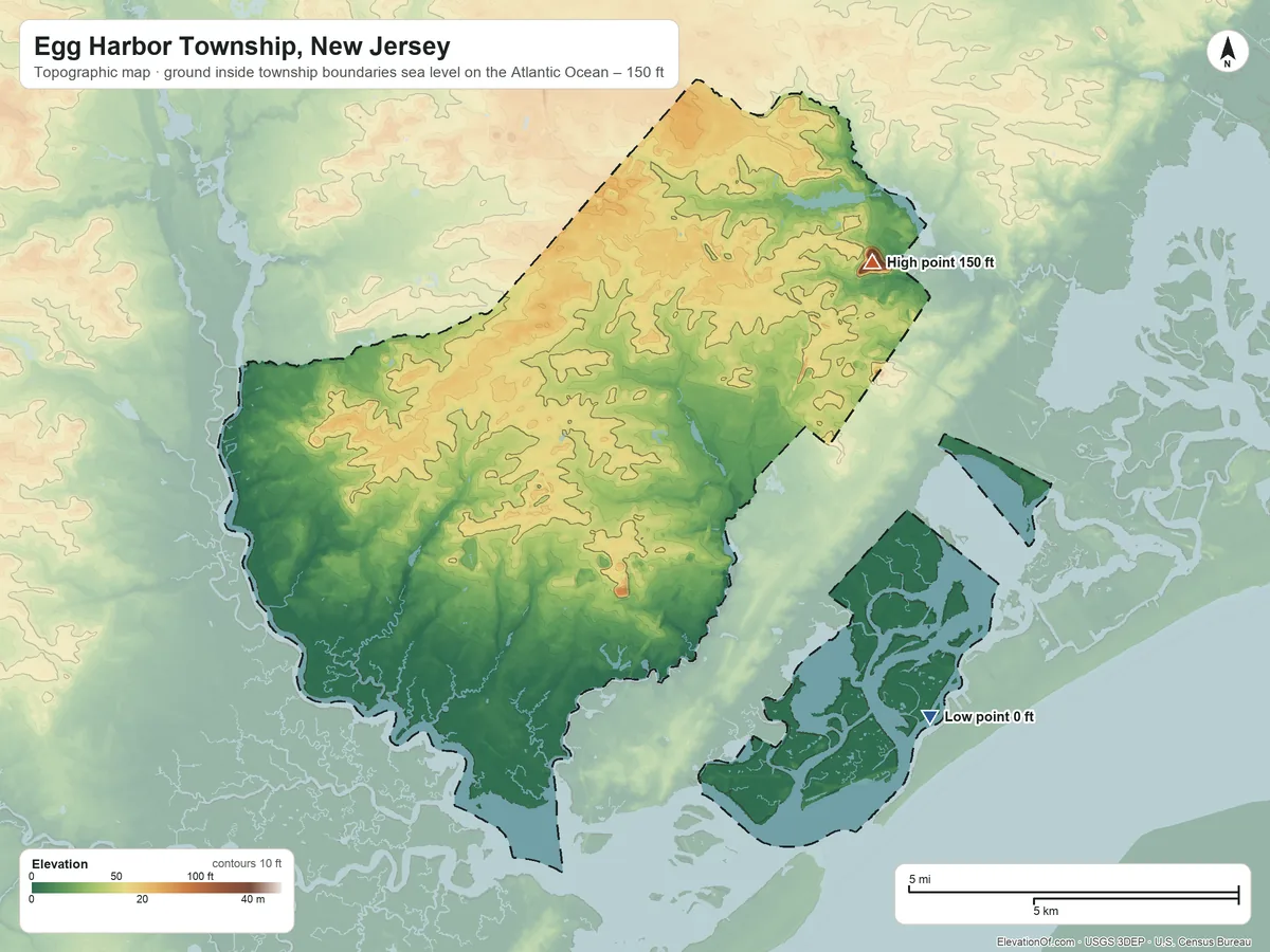 Topographic elevation map of Egg Harbor Township, New Jersey, shaded from sea level level on the Atlantic Ocean to 150 ft on the northeast side