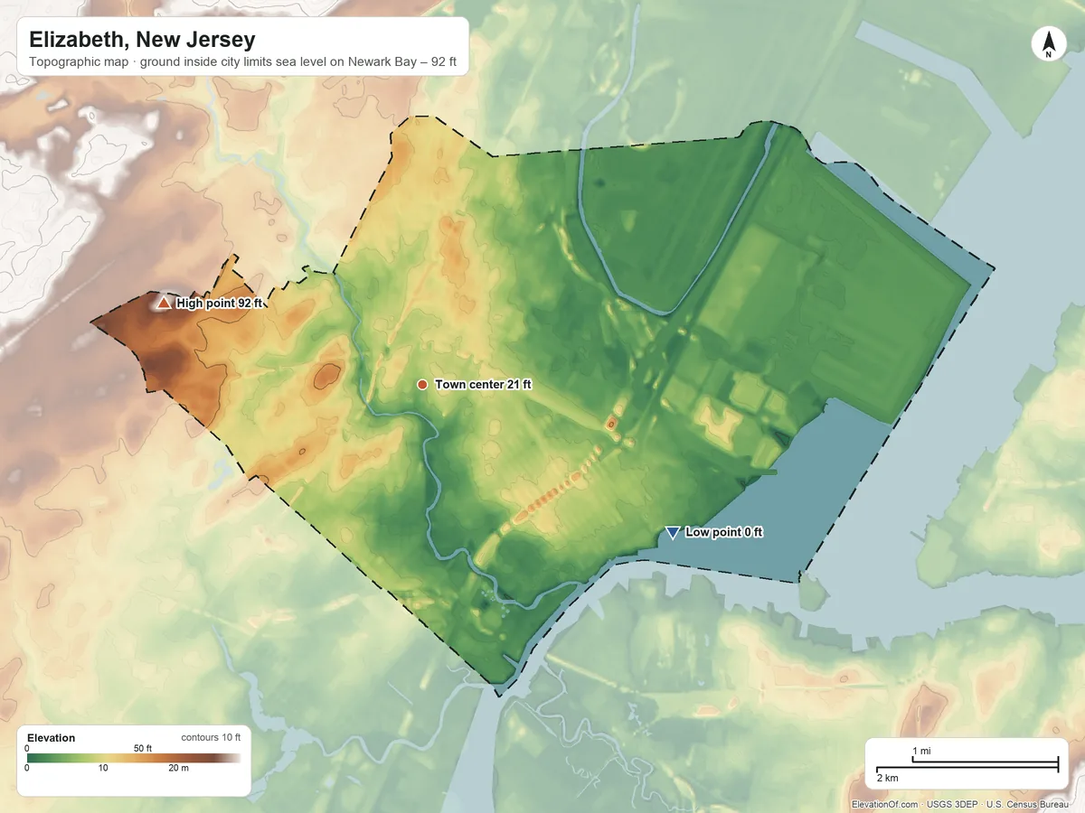 Topographic elevation map of Elizabeth, New Jersey, shaded from sea level level on Newark Bay to 92 ft on the west side