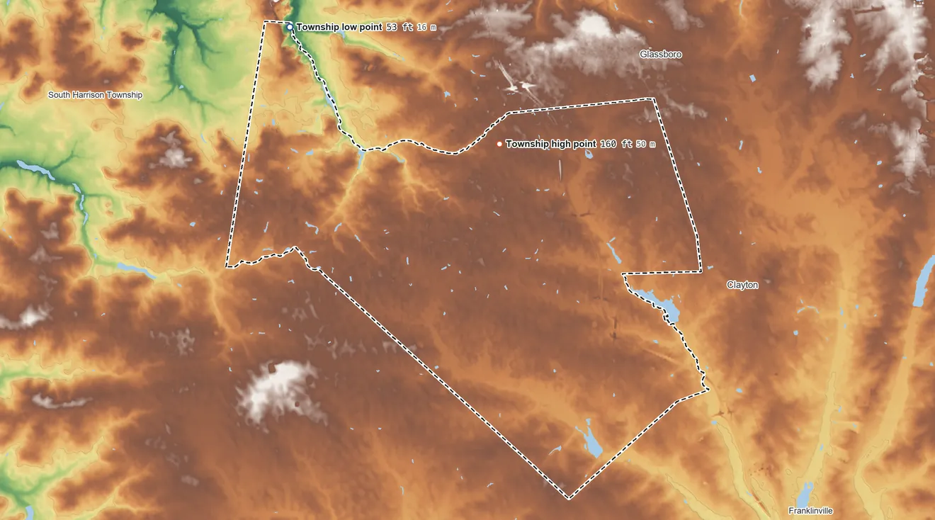 Topographic elevation map of Elk Township, New Jersey, shaded from 53 ft on the northwest side to 160 ft on the north side