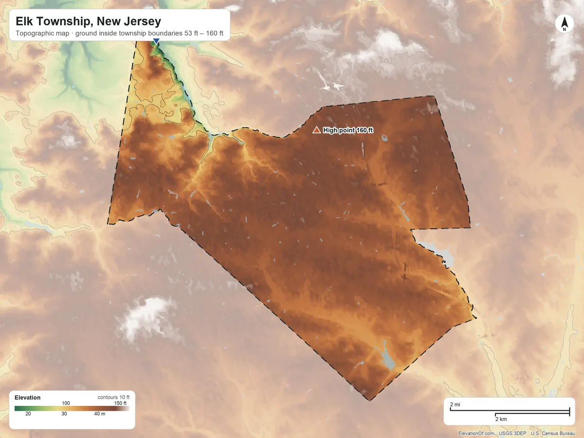 Topographic elevation map of Elk Township, New Jersey, shaded from 53 ft on the northwest side to 160 ft on the north side
