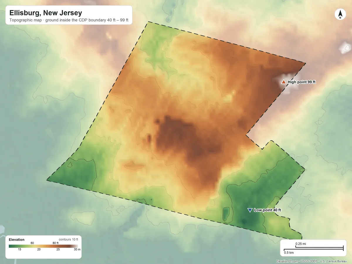 Topographic elevation map of Ellisburg, New Jersey, shaded from 40 ft on the southeast side to 99 ft on the east side