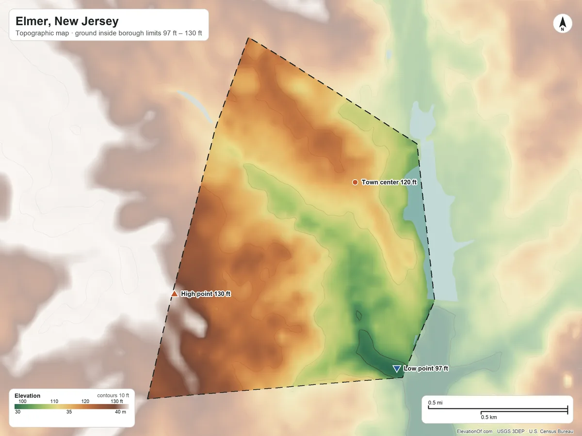 Topographic elevation map of Elmer, New Jersey, shaded from 97 ft on the south side to 130 ft on the southwest side