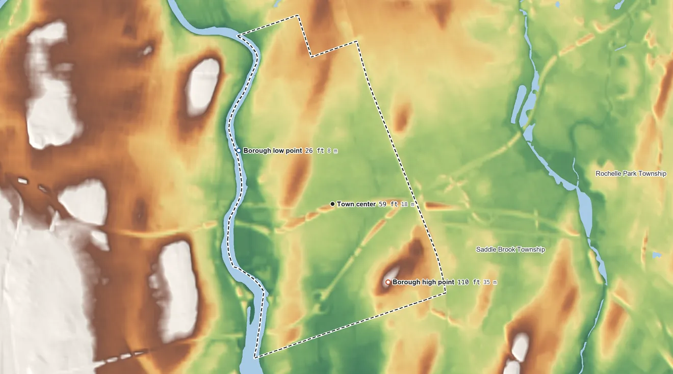 Topographic elevation map of Elmwood Park, New Jersey, shaded from 26 ft on the northwest side to 110 ft on the southeast side