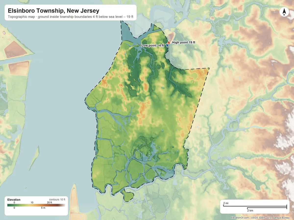Topographic elevation map of Elsinboro Township, New Jersey, shaded from −4 ft on the northeast side to 19 ft on the northeast side