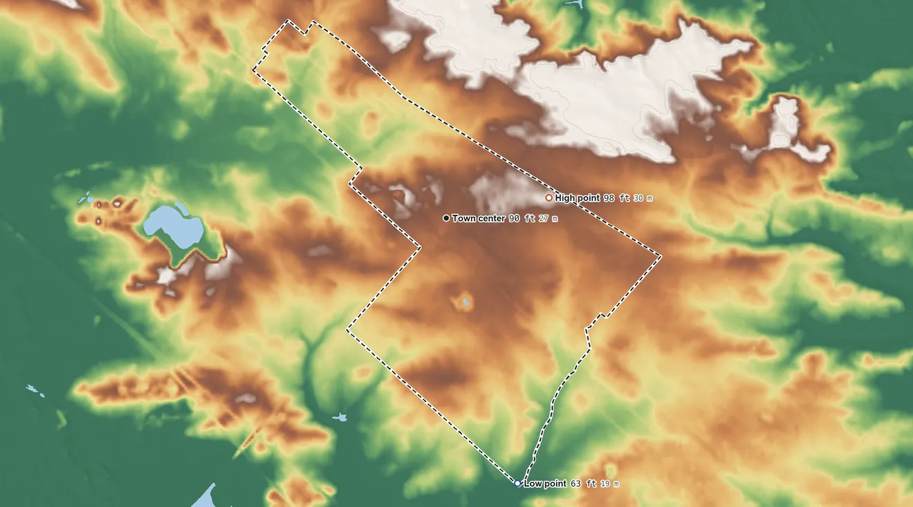 Topographic elevation map of Elwood, New Jersey, shaded from 63 ft on the south side to 98 ft on the east side