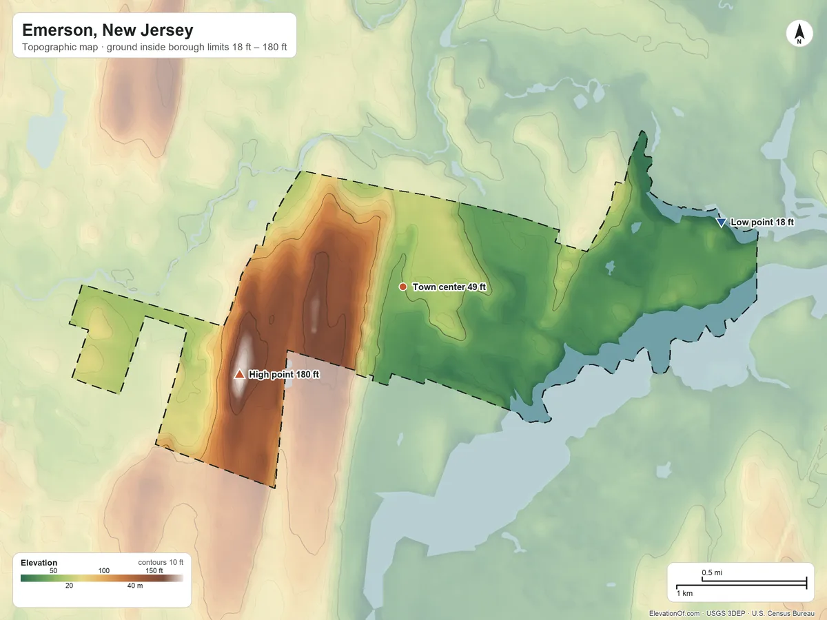 Topographic elevation map of Emerson, New Jersey, shaded from 18 ft on the east side to 180 ft on the southwest side