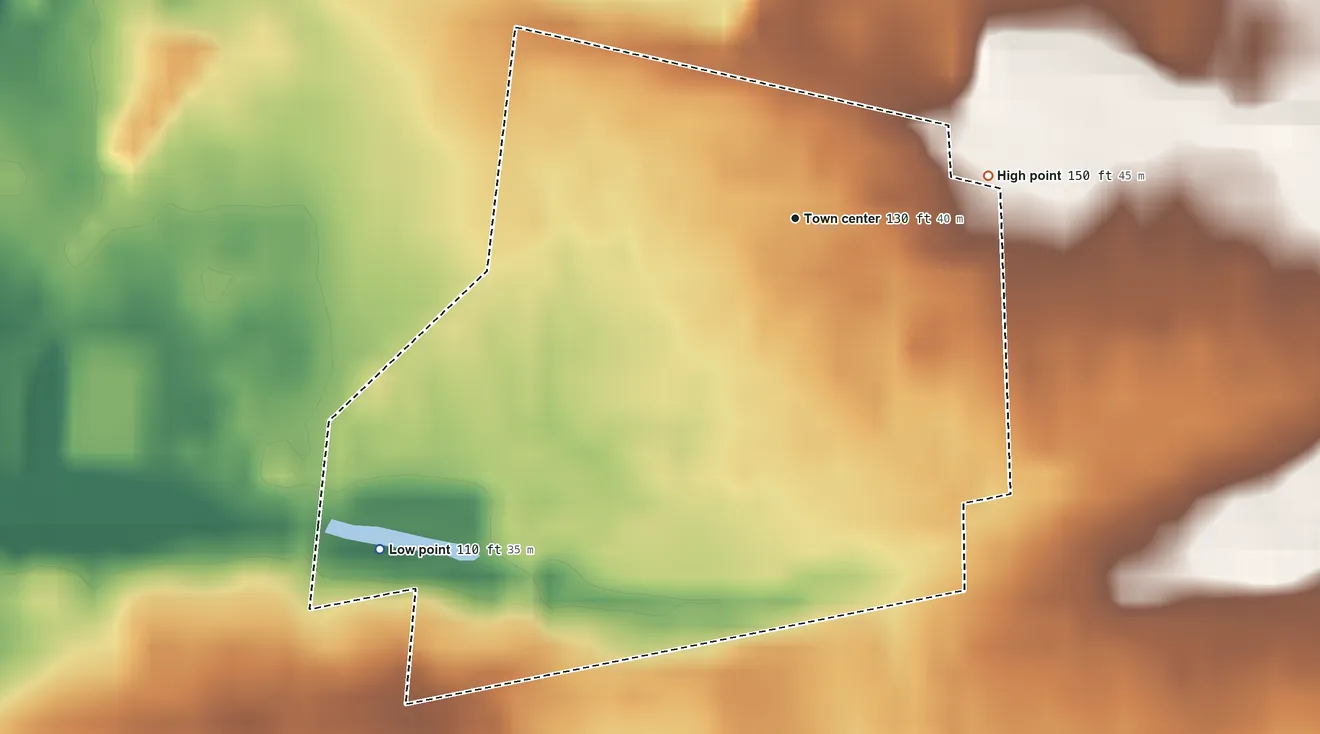 Topographic elevation map of Encore at Monroe, New Jersey, shaded from 110 ft on the southwest side to 150 ft on the east side