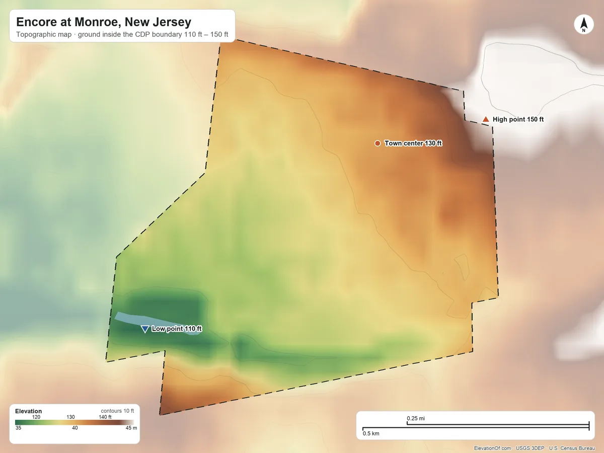 Topographic elevation map of Encore at Monroe, New Jersey, shaded from 110 ft on the southwest side to 150 ft on the east side