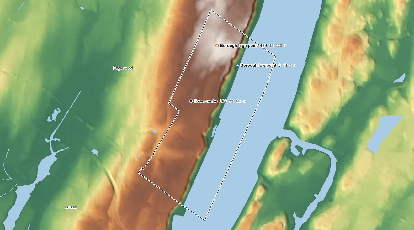 Topographic elevation map of Englewood Cliffs, New Jersey, shaded from 0 ft on the northeast side to 430 ft on the northeast side