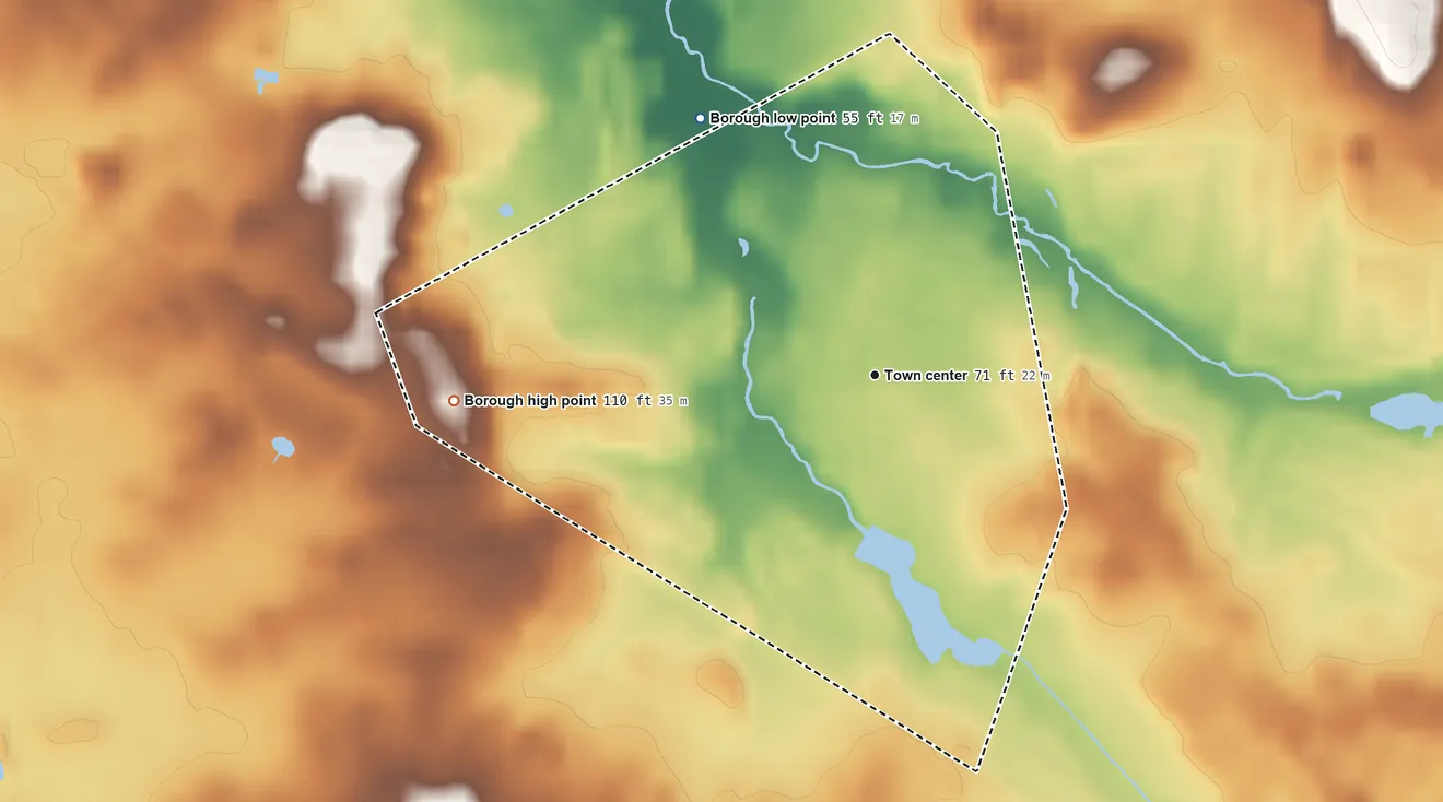 Topographic elevation map of Englishtown, New Jersey, shaded from 55 ft on the northwest side to 110 ft on the west side