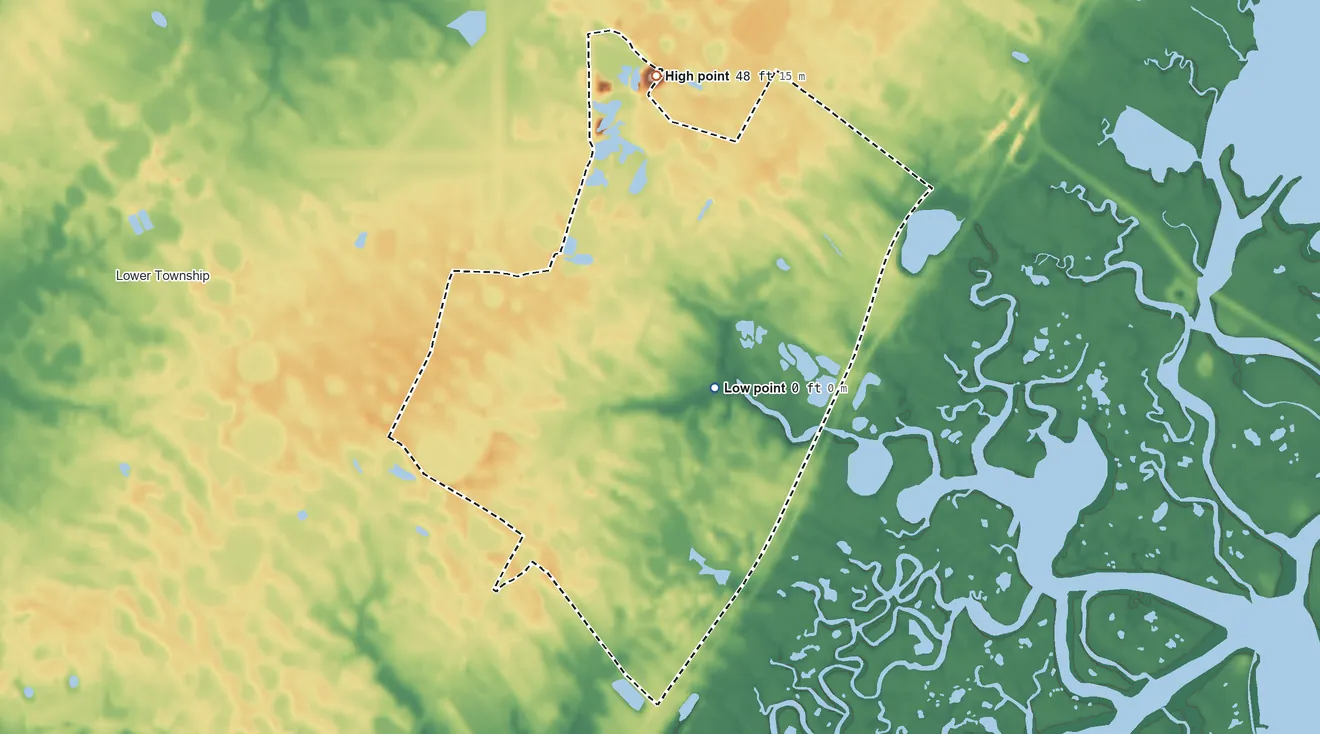 Topographic elevation map of Erma, New Jersey, shaded from 0 ft on the south side to 48 ft on the northwest side