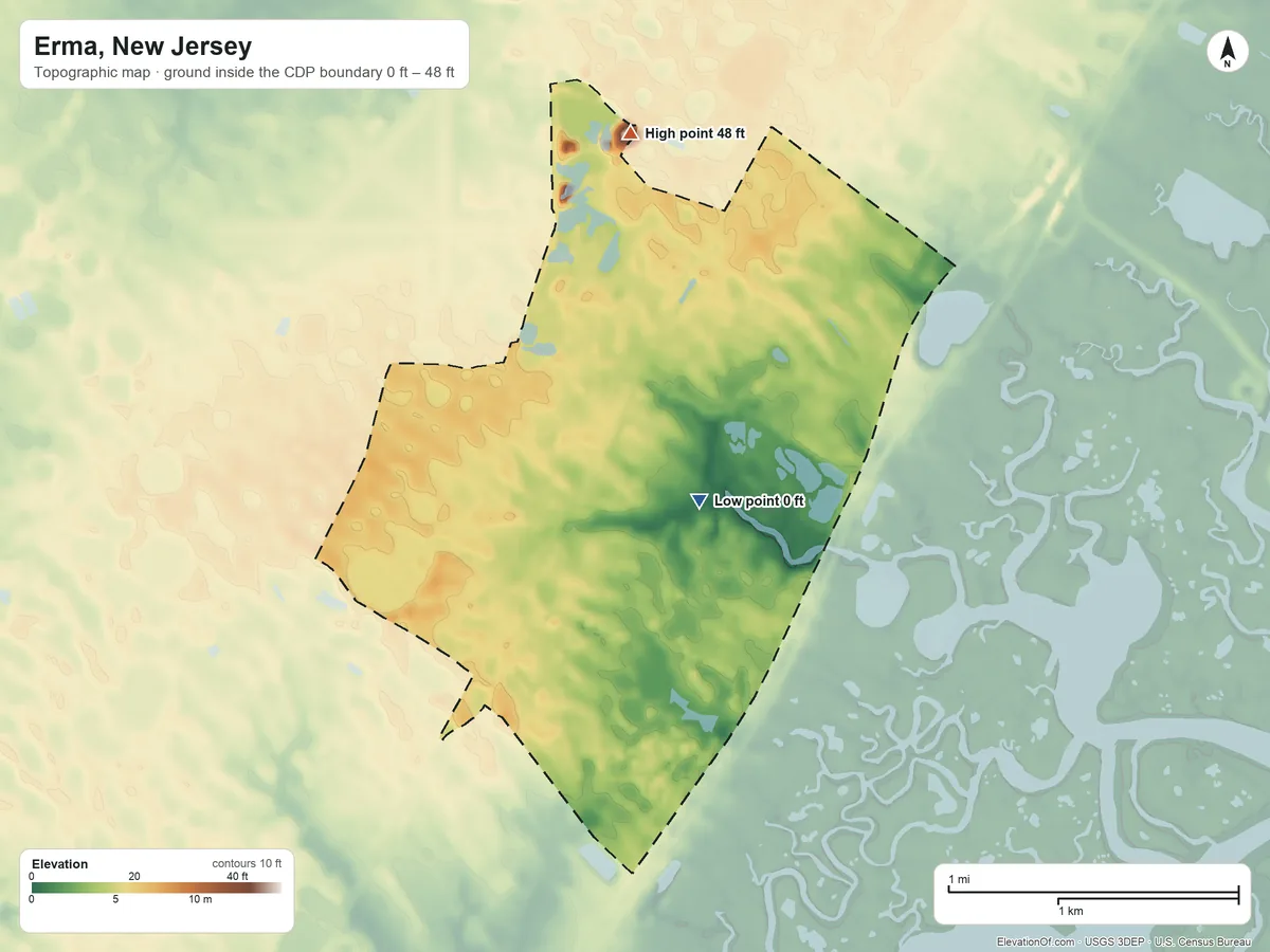 Topographic elevation map of Erma, New Jersey, shaded from 0 ft on the south side to 48 ft on the northwest side