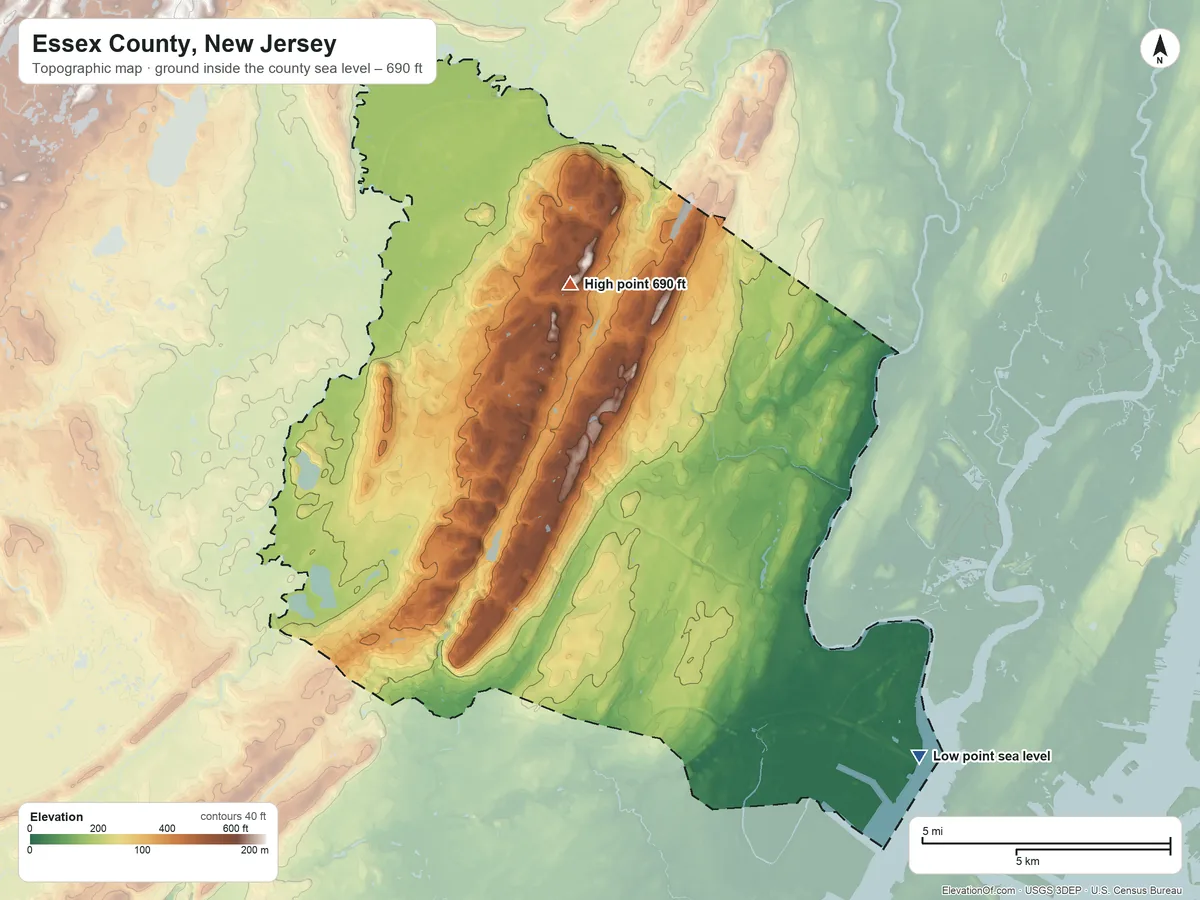 Topographic elevation map of Essex County, New Jersey, shaded from sea level on Newark Bay to 690 ft on the north side
