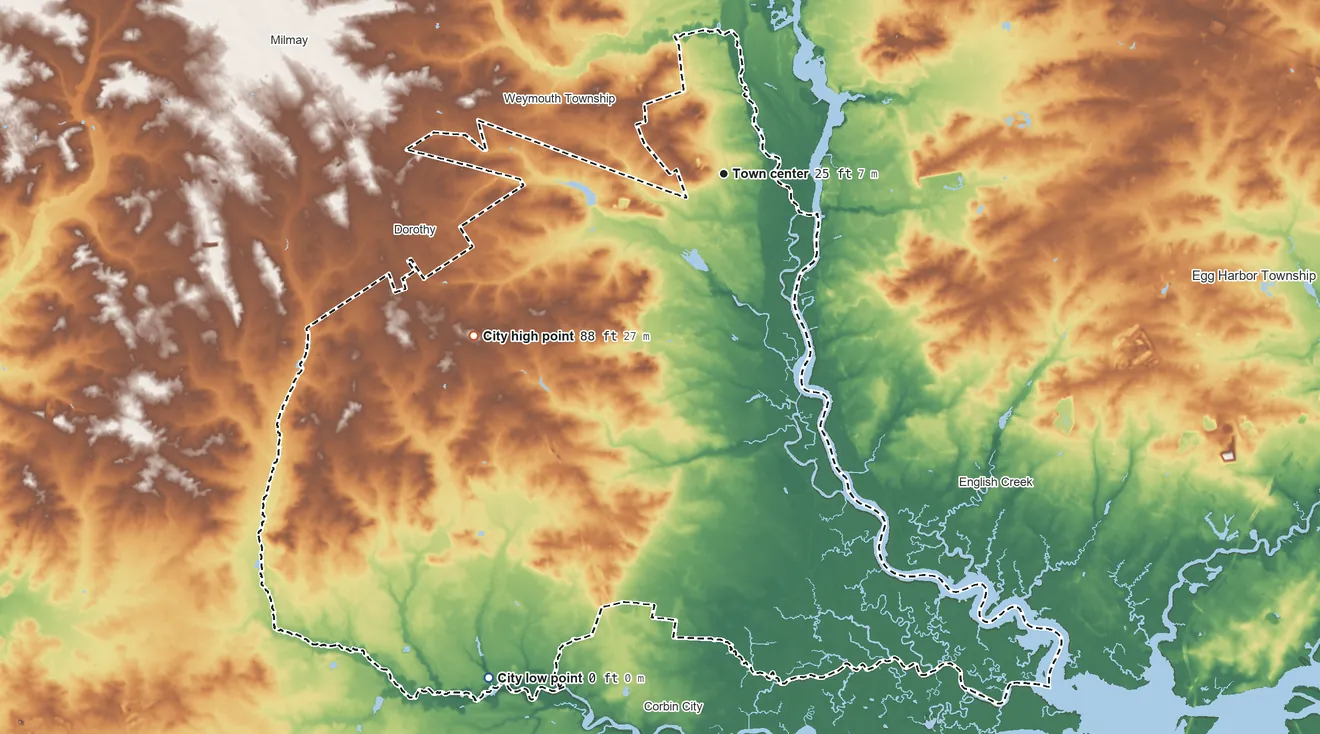 Topographic elevation map of Estell Manor, New Jersey, shaded from 0 ft on the southwest side to 88 ft on the southwest side