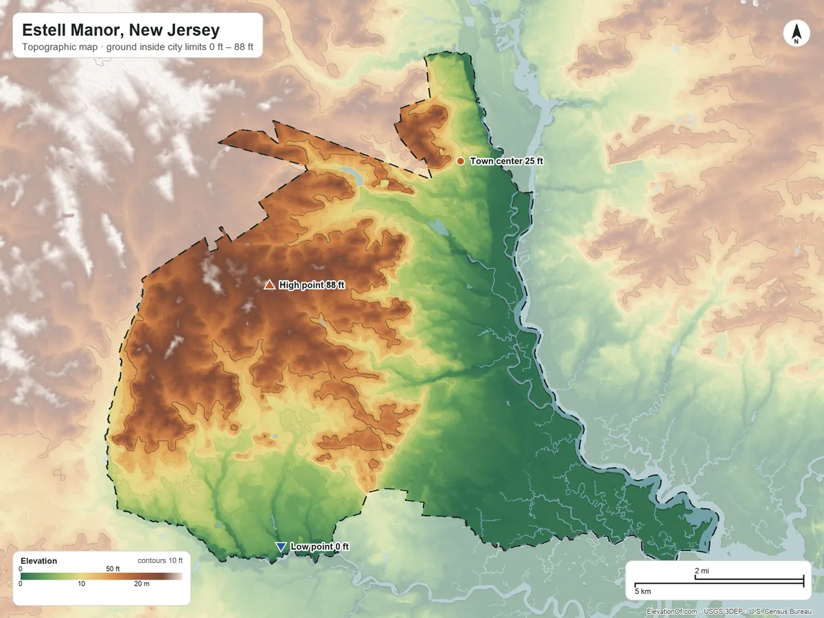 Topographic elevation map of Estell Manor, New Jersey, shaded from 0 ft on the southwest side to 88 ft on the southwest side