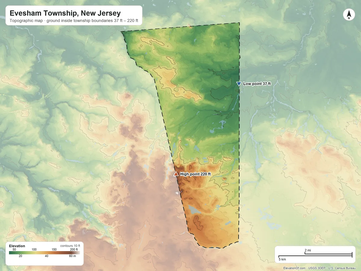 Topographic elevation map of Evesham Township, New Jersey, shaded from 37 ft on the east side to 220 ft on the south side