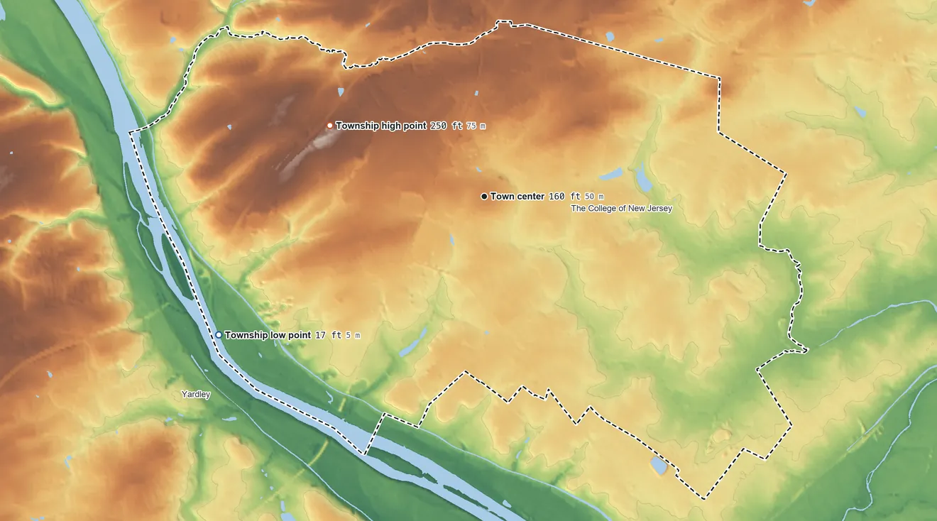 Topographic elevation map of Ewing Township, New Jersey, shaded from 17 ft on the southwest side to 250 ft on the northwest side