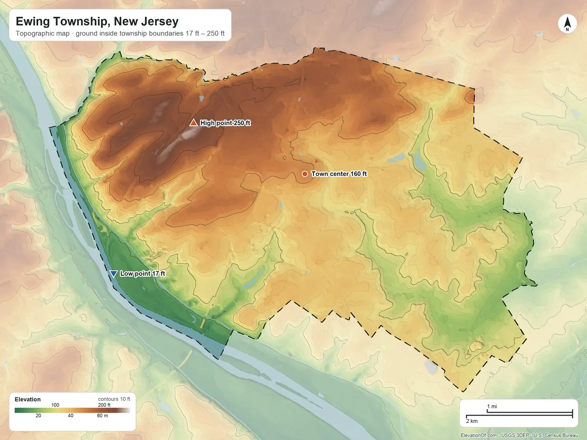 Topographic elevation map of Ewing Township, New Jersey, shaded from 17 ft on the southwest side to 250 ft on the northwest side