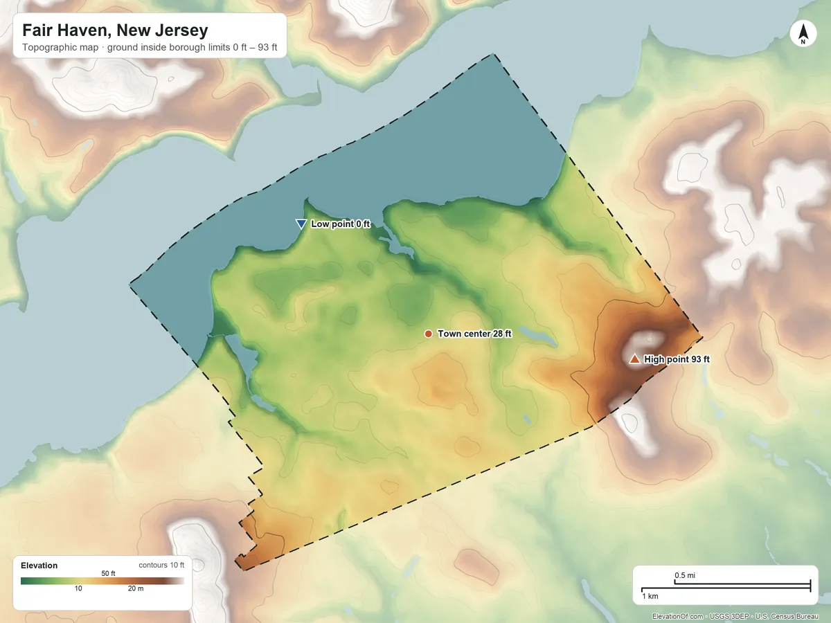 Topographic elevation map of Fair Haven, New Jersey, shaded from 0 ft on the northwest side to 93 ft on the east side