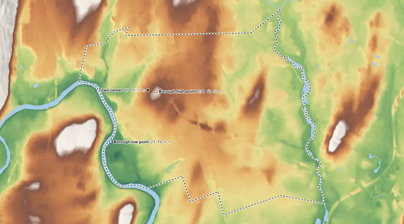 Topographic elevation map of Fair Lawn, New Jersey, shaded from 27 ft on the southwest side to 130 ft near the middle